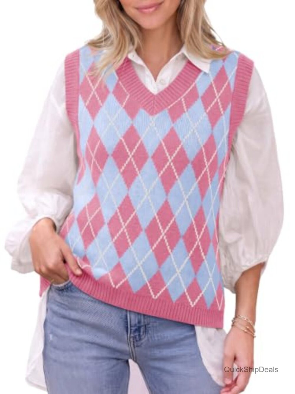 Womens V Neck Plaid Sweater Vest Sleeveless Argyle Knit Top